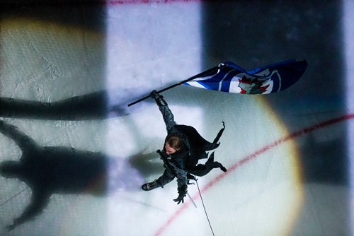 MIKAELA MACKENZIE / WINNIPEG FREE PRESS
Zachary Frongillo, who plays the Jets "villain," during dress rehearsal at the T-Mobile Arena in Las Vegas on Friday, May 18, 2018.
Mikaela MacKenzie / Winnipeg Free Press 2018.