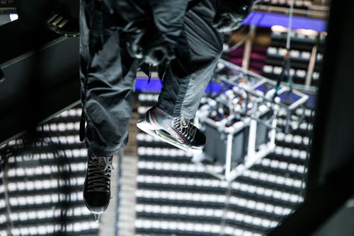 MIKAELA MACKENZIE / WINNIPEG FREE PRESS
Zachary Frongillo, who plays the Jets "villain," hangs out in the rafters during dress rehearsal at the T-Mobile Arena in Las Vegas on Friday, May 18, 2018.
Mikaela MacKenzie / Winnipeg Free Press 2018.