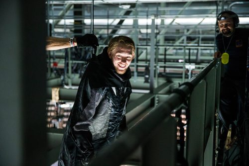 MIKAELA MACKENZIE / WINNIPEG FREE PRESS
Zachary Frongillo, who plays the Jets "villain," hangs out in the rafters during dress rehearsal at the T-Mobile Arena in Las Vegas on Friday, May 18, 2018.
Mikaela MacKenzie / Winnipeg Free Press 2018.