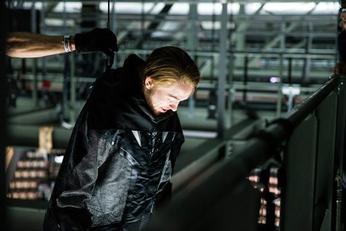 MIKAELA MACKENZIE / WINNIPEG FREE PRESS
Zachary Frongillo, who plays the Jets "villain," hangs out in the rafters during dress rehearsal at the T-Mobile Arena in Las Vegas on Friday, May 18, 2018.
Mikaela MacKenzie / Winnipeg Free Press 2018.