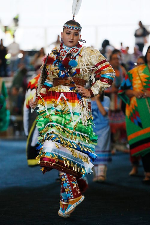 JOHN WOODS / WINNIPEG FREE PRESS
Chante Speidel, Miss Manito Ahbee, dances for murdered and missing indigenous women and girls at Manito Ahbee in the Convention Centre Saturday, May 19, 2018.
