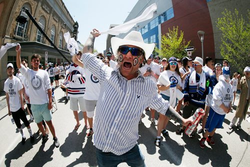 JOHN WOODS/ WINNIPEG FREE PRESS
Geoff MacNeill gets fired up at the White Out Street Party prior to game five action between the Winnipeg Jets and the Vegas Golden Knights in the NHL Western Conference Final in Winnipeg on Sunday, May 20, 2018.