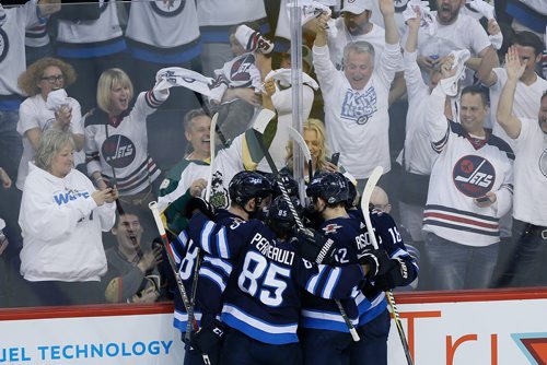 JOHN WOODS/ WINNIPEG FREE PRESS
Winnipeg Jets celebrate Josh Morrissey's (44) goal against the Vegas Golden Knights during first period of game five action in the NHL Western Conference Final in Winnipeg on Sunday, May 20, 2018.