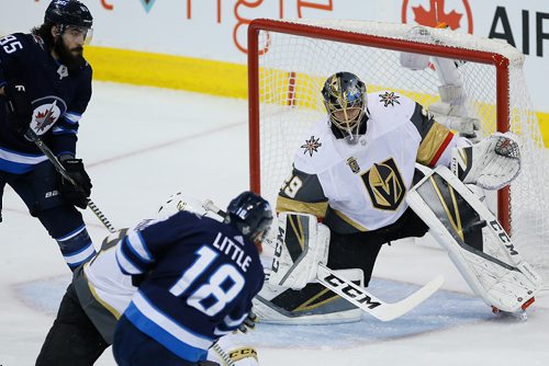 JOHN WOODS/ WINNIPEG FREE PRESS
Vegas Golden Knights goaltender Marc-Andre Fleury (29) saves the shot by Winnipeg Jets' Bryan Little (18) during first period of game five action in the NHL Western Conference Final in Winnipeg on Sunday, May 20, 2018.