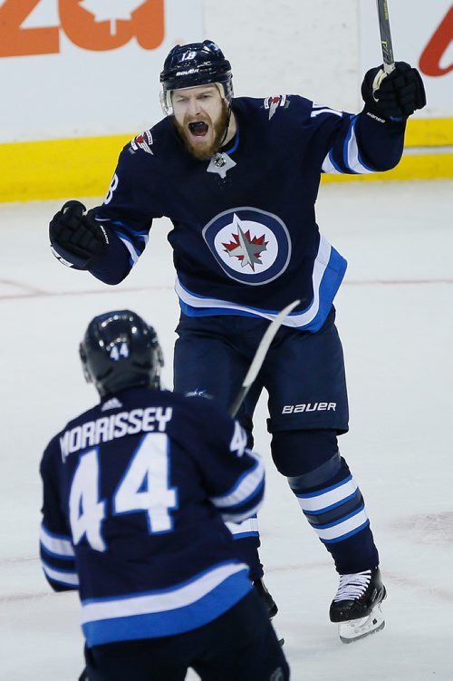 JOHN WOODS/ WINNIPEG FREE PRESS
Winnipeg Jets' Bryan Little (18) and Josh Morrissey (44) celebrate Morrissey's goal against the Vegas Golden Knights during first period of game five action in the NHL Western Conference Final in Winnipeg on Sunday, May 20, 2018.