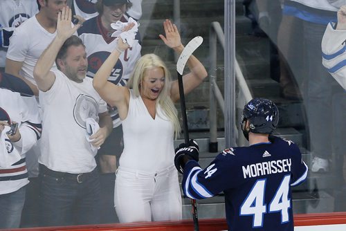 JOHN WOODS/ WINNIPEG FREE PRESS
Winnipeg Jets' osh Morrissey (44) celebrates his goal against the Vegas Golden Knights during first period of game five action in the NHL Western Conference Final in Winnipeg on Sunday, May 20, 2018.