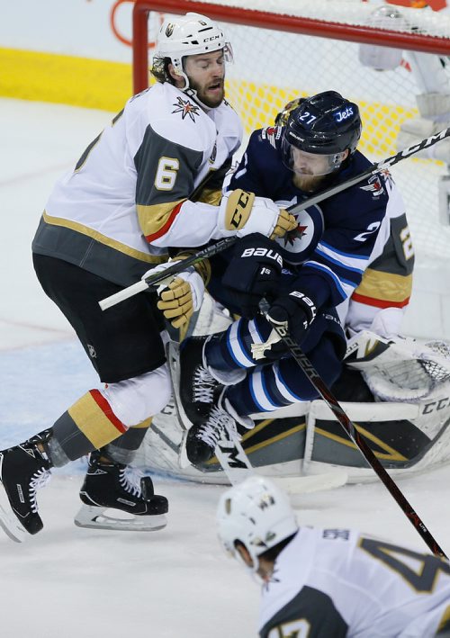 JOHN WOODS/ WINNIPEG FREE PRESS
Winnipeg Jets' Nikolaj Ehlers (27) attempts the deflection on Vegas Golden Knights goaltender Marc-Andre Fleury (29) as Colin Miller (6) defends during first period of game five action in the NHL Western Conference Final in Winnipeg on Sunday, May 20, 2018.