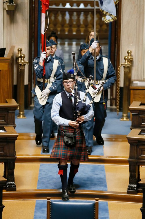 JOHN WOODS / WINNIPEG FREE PRESS
A piper leads a group into the closing ceremonies of the Western Canada Youth Parliament (WCYP) in the Manitoba Legislature, Monday, May 21, 2018. The WCYP features a congregation of members from all four youth parliaments in Western Canada. Sessions were held from May 18-21.