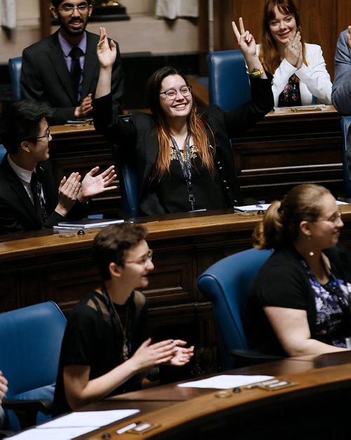 JOHN WOODS / WINNIPEG FREE PRESS
Alex Fraser from Vancouver, celebrates after she was announced the winner of the Publication Challenge at the closing ceremonies of the Western Canada Youth Parliament (WCYP) in the Manitoba Legislature, Monday, May 21, 2018. The WCYP features a congregation of members from all four youth parliaments in Western Canada. Sessions were held from May 18-21.