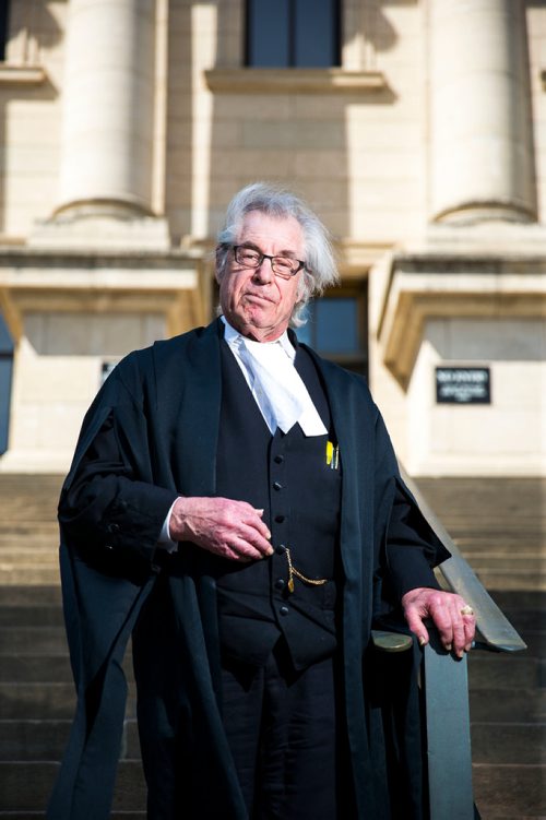 MIKAELA MACKENZIE / WINNIPEG FREE PRESS
Greg Brodsky, who has represented 1,000  people charged with homicides, poses in front of the Law Courts in Winnipeg on Tuesday, May 22, 2018. 
Mikaela MacKenzie / Winnipeg Free Press 2018.