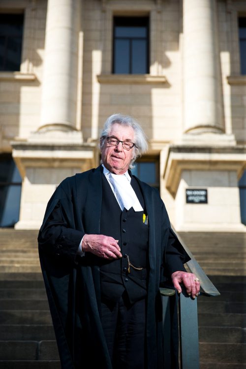 MIKAELA MACKENZIE / WINNIPEG FREE PRESS
Greg Brodsky, who has represented 1,000  people charged with homicides, poses in front of the Law Courts in Winnipeg on Tuesday, May 22, 2018. 
Mikaela MacKenzie / Winnipeg Free Press 2018.