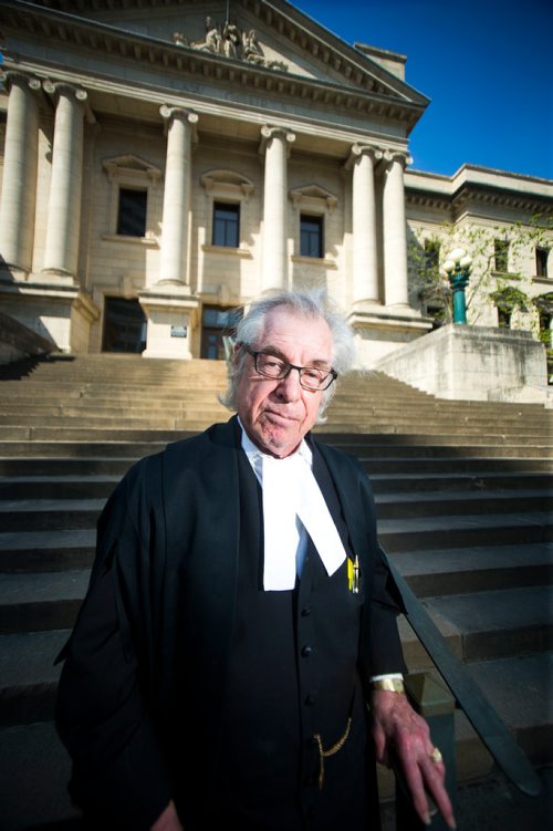 MIKAELA MACKENZIE / WINNIPEG FREE PRESS
Greg Brodsky, who has represented 1,000  people charged with homicides, poses in front of the Law Courts in Winnipeg on Tuesday, May 22, 2018. 
Mikaela MacKenzie / Winnipeg Free Press 2018.