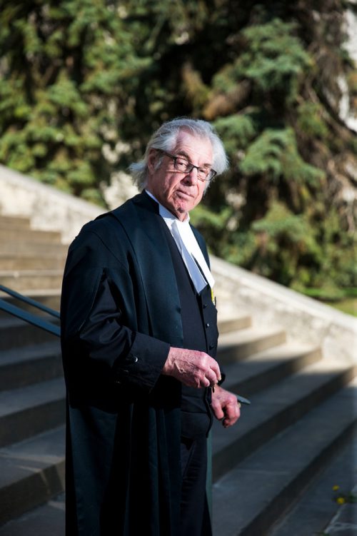 MIKAELA MACKENZIE / WINNIPEG FREE PRESS
Greg Brodsky, who has represented 1,000  people charged with homicides, poses in front of the Law Courts in Winnipeg on Tuesday, May 22, 2018. 
Mikaela MacKenzie / Winnipeg Free Press 2018.