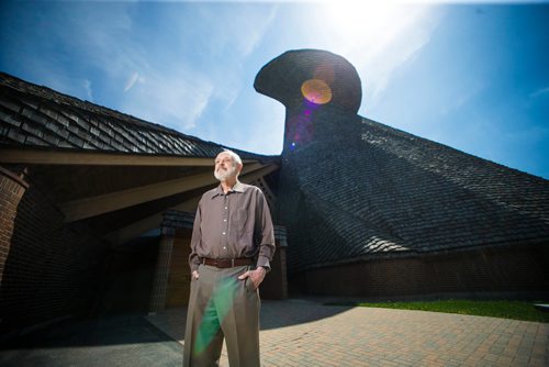 MIKAELA MACKENZIE / WINNIPEG FREE PRESS
Architect Etienne Gaboury poses in front of Precious Blood Roman Catholic Church in Winnipeg on Tuesday, May 22, 2018.  This is the 50th year of worship inside the unusual building.
Mikaela MacKenzie / Winnipeg Free Press 2018.