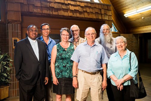 MIKAELA MACKENZIE / WINNIPEG FREE PRESS
The planning committee poses in the Precious Blood Roman Catholic Church in Winnipeg on Tuesday, May 22, 2018.  This is the 50th year of worship inside the unusual building.
Mikaela MacKenzie / Winnipeg Free Press 2018.