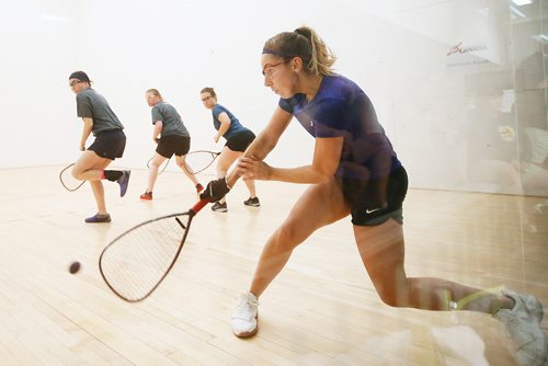 JOHN WOODS / WINNIPEG FREE PRESS
From left, Frederique Lambert, Jennifer Saunders and Christine Richardson look on as Michele Morissette returns the shot in the Women's Open Doubles Championship match. Saunders and Richardson, both of Winnipeg, are facing each other in the final Women's Open Doubles match at the Racquetball Canada Canadian Championships being held at the Duckworth Centre in Winnipeg, Tuesday, May 22, 2018. Saunders/Lambert went on to defeat Richardson/Morissette for the title. Saunders is now tied with Mike Green for the most Canadian Open titles, and could break that tie with a singles win on Saturday.