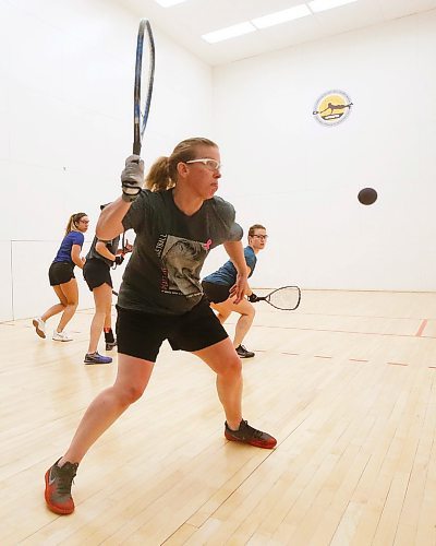 JOHN WOODS / WINNIPEG FREE PRESS
From left, Michele Morissette, Frederique Lambert and Christine Richardson look on as Jennifer Saunders returns the shot in the Women's Open Doubles Championship match. Saunders and Richardson, both of Winnipeg, are facing each other in the final Women's Open Doubles match at the Racquetball Canada Canadian Championships being held at the Duckworth Centre in Winnipeg, Tuesday, May 22, 2018. Saunders/Lambert went on to defeat Richardson/Morissette for the title. Saunders is now tied with Mike Green for the most Canadian Open titles, and could break that tie with a singles win on Saturday.