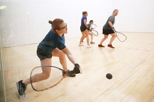 JOHN WOODS / WINNIPEG FREE PRESS
From left, Michele Morissette, Frederique Lambert and Jennifer Saunders look on as Christine Richardson returns the shot in the Women's Open Doubles Championship match. Saunders and Richardson, both of Winnipeg, are facing each other in the final Women's Open Doubles match at the Racquetball Canada Canadian Championships being held at the Duckworth Centre in Winnipeg, Tuesday, May 22, 2018. Saunders/Lambert went on to defeat Richardson/Morissette for the title. Saunders is now tied with Mike Green for the most Canadian Open titles, and could break that tie with a singles win on Saturday.
