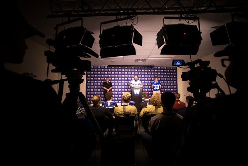 MIKAELA MACKENZIE / WINNIPEG FREE PRESS
Coach Beau Wilks speaks at a press conference before the Senior Bowl next Saturday in Winnipeg on Wednesday, May 23, 2018.  
Mikaela MacKenzie / Winnipeg Free Press 2018.