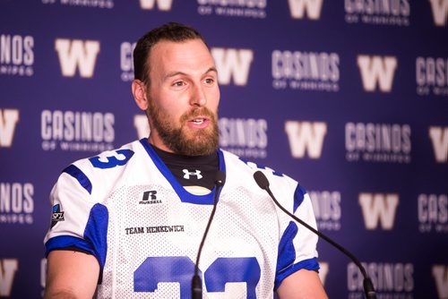 MIKAELA MACKENZIE / WINNIPEG FREE PRESS
Coach Beau Wilks speaks at a press conference before the Senior Bowl next Saturday in Winnipeg on Wednesday, May 23, 2018.  
Mikaela MacKenzie / Winnipeg Free Press 2018.