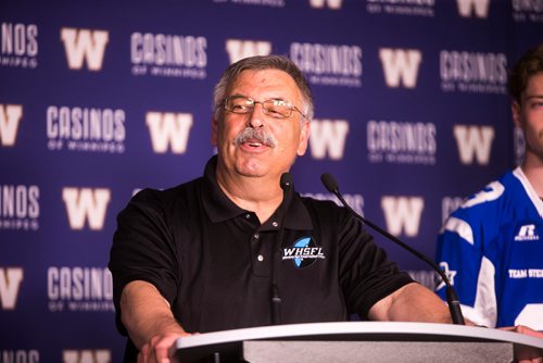 MIKAELA MACKENZIE / WINNIPEG FREE PRESS
Rick Henkewich speaks at a press conference before the Senior Bowl next Saturday in Winnipeg on Wednesday, May 23, 2018.  
Mikaela MacKenzie / Winnipeg Free Press 2018.