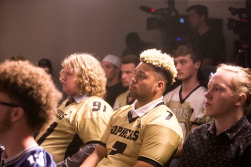 MIKAELA MACKENZIE / WINNIPEG FREE PRESS
Tyrece Viner-Cox listens as Rick Henkewich speaks at a press conference before the Senior Bowl next Saturday in Winnipeg on Wednesday, May 23, 2018.  
Mikaela MacKenzie / Winnipeg Free Press 2018.