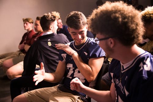 MIKAELA MACKENZIE / WINNIPEG FREE PRESS
Players Cody Gushulak (left) and Jared Boone do a special handshake at a press conference before the Senior Bowl next Saturday in Winnipeg on Wednesday, May 23, 2018.  
Mikaela MacKenzie / Winnipeg Free Press 2018.