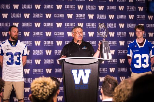 MIKAELA MACKENZIE / WINNIPEG FREE PRESS
Rick Henkewich speaks at a press conference before the Senior Bowl next Saturday in Winnipeg on Wednesday, May 23, 2018.  
Mikaela MacKenzie / Winnipeg Free Press 2018.