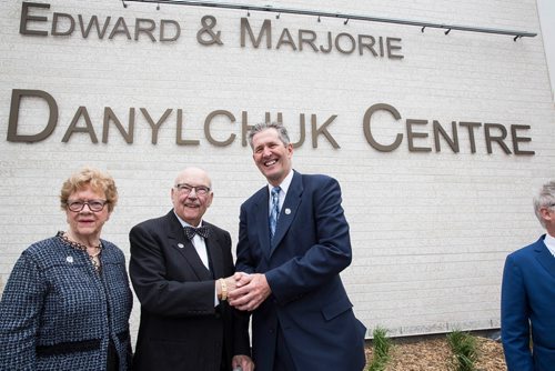 MIKE DEAL / WINNIPEG FREE PRESS
Edward and Marjorie Danylchuk with Premier Brian Pallister after the grand opening of the new Emergency department, named the Edward and Marjorie Danylchuk Centre, at the Grace Hospital Thursday morning.  
180524 - Thursday, May 24, 2018.