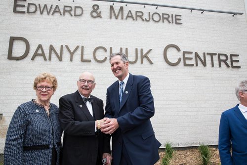 MIKE DEAL / WINNIPEG FREE PRESS
Edward and Marjorie Danylchuk with Premier Brian Pallister after the grand opening of the new Emergency department, named the Edward and Marjorie Danylchuk Centre, at the Grace Hospital Thursday morning.  
180524 - Thursday, May 24, 2018.