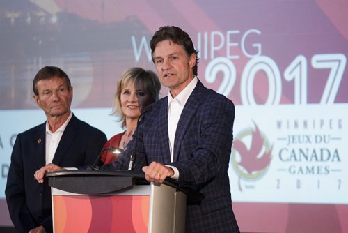 MIKE DEAL / WINNIPEG FREE PRESS
Jeff Hnatiuk, President & CEO, 2017 Canada Summer Games, with Hubert Mesman and Mariette Mulaire, Co-Chairs of the 2017 Canada Summer Games during the announcement for the financial legacy of the 2017 Canada Summer Games at the Canada Games Sport for Life Centre, Friday morning.
180525 - Friday, May 25, 2018.