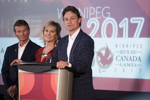 MIKE DEAL / WINNIPEG FREE PRESS
Jeff Hnatiuk, President & CEO, 2017 Canada Summer Games, with Hubert Mesman and Mariette Mulaire, Co-Chairs of the 2017 Canada Summer Games during the announcement for the financial legacy of the 2017 Canada Summer Games at the Canada Games Sport for Life Centre, Friday morning.
180525 - Friday, May 25, 2018.