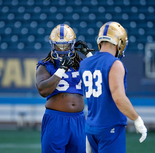 PHIL HOSSACK / WINNIPEG FREE PRESS - Bomber Cory Johnson #67 at a team workout Monday. Mike Sawatzsky story. - May 28, 2018