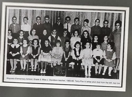 Canstar Community News Terry Fox's Grade 2 photo hangs in the hallway at Wayoata School. (SHELDON BIRNIE/CANSTAR/THE HERALD)