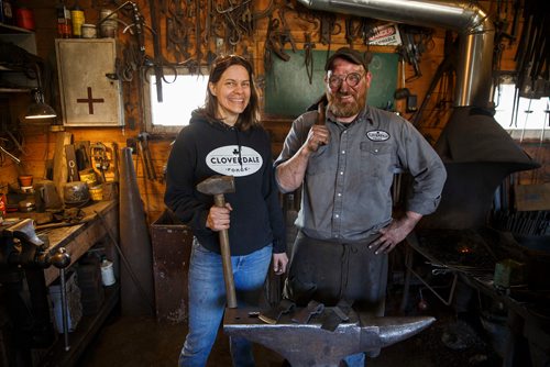 MIKE DEAL / WINNIPEG FREE PRESS
Partners Karen Rudolph and Matt Jenkins owners of Cloverdale Forge made axe heads that will be on display at the Manitoba Museum in the newly renovated Nonsuch gallery.
180419 - Thursday, April 19, 2018.