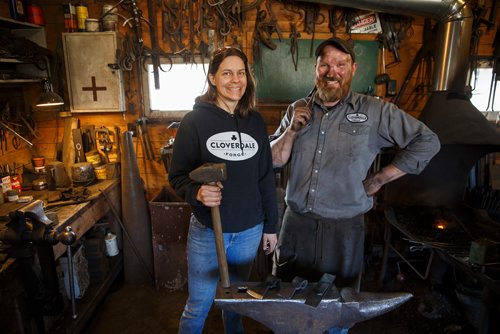 MIKE DEAL / WINNIPEG FREE PRESS
Partners Karen Rudolph and Matt Jenkins owners of Cloverdale Forge made axe heads that will be on display at the Manitoba Museum in the newly renovated Nonsuch gallery.
180419 - Thursday, April 19, 2018.