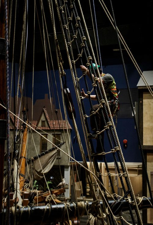 MIKE DEAL / WINNIPEG FREE PRESS
Tim Pyron a professional ship rigger climbs during the re-rigging of the Nonsuch for historical accuracy, and longevity. Though work is almost done on the Nonsuch, the gallery itself has a ways to go, it will reopen in June 2018.
180215 - Thursday, February 15, 2018.