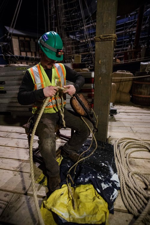 MIKE DEAL / WINNIPEG FREE PRESS
Tim Pyron a professional ship rigger works on some of the rope that will be used during the re-rigging of the Nonsuch for historical accuracy, and longevity. Though work is almost done on the Nonsuch, the gallery itself has a ways to go, it will reopen in June 2018.
180215 - Thursday, February 15, 2018.