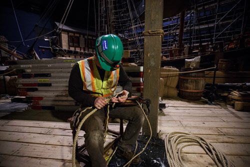 MIKE DEAL / WINNIPEG FREE PRESS
Tim Pyron a professional ship rigger works on some of the rope that will be used during the re-rigging of the Nonsuch for historical accuracy, and longevity. Though work is almost done on the Nonsuch, the gallery itself has a ways to go, it will reopen in June 2018.
180215 - Thursday, February 15, 2018.