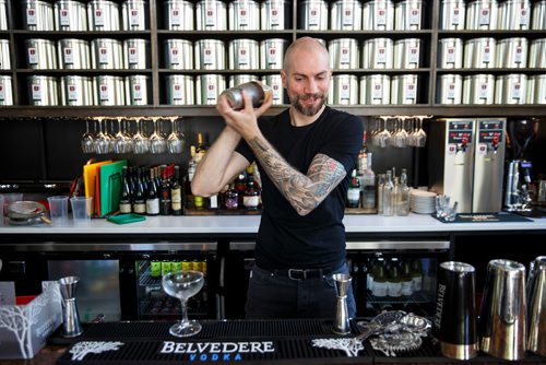 MIKE DEAL / WINNIPEG FREE PRESS
Mark Turner, co-owner of Amsterdam Tea House at 103-211 Bannatyne Avenue prepares a Cold Toddy which is a Scottish Breakfast infused Black Grouse whisky with honey, lemon and clove bitters.
180529 - Tuesday, May 29, 2018.