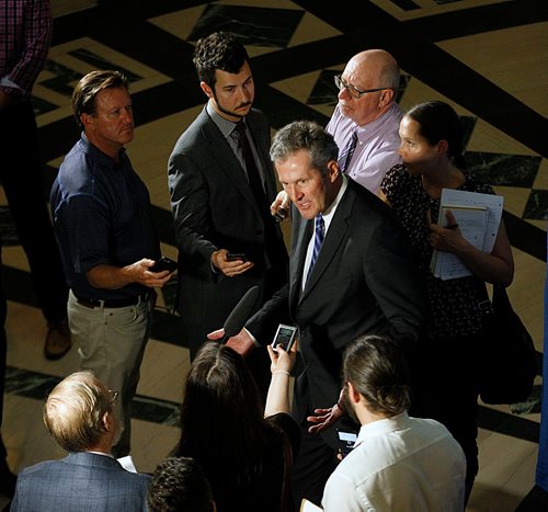 PHIL HOSSACK / WINNIPEG FREE PRESS -  Premier Brian Pallister scrums with the media after Question Period Tuesday afternoon. Larry and Jessica's story. - May 29, 2018