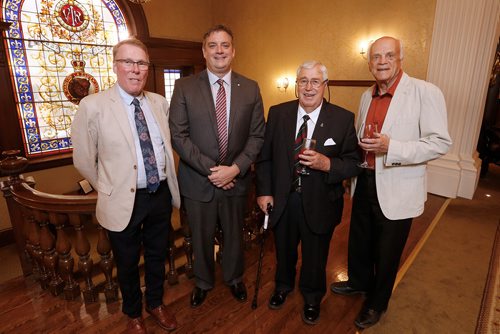 JOHN WOODS / WINNIPEG FREE PRESS
Tim Cook, author of Vimy - The Battle and The Legend, second left, is photographed with JW Dafoe Book Prize judges, from left, James Ferguson, Array Burt and Gene Walz at the award presentation in the Manitoba Club Tuesday, May 29, 2018. The Ottawa author was in Winnipeg to accept the award and speak at McNally Robinson Wednesday night.