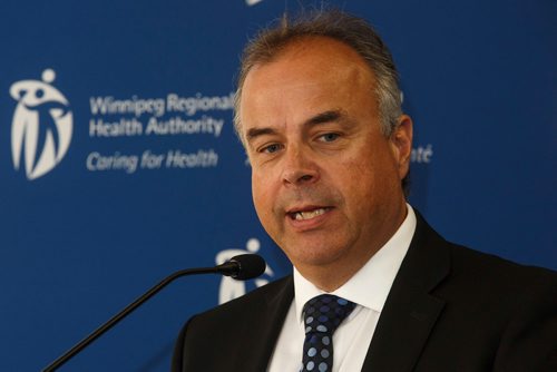 MIKE DEAL / WINNIPEG FREE PRESS
Réal Cloutier, Interim President and CEO, WRHA, during the Winnipeg Regional Health Authority (WRHA) announcement of the details for the implementation of the next phase of its health service consolidation.
180531 - Thursday, May 31, 2018.