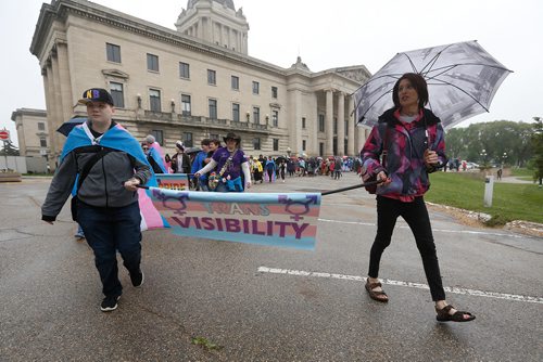 JOHN WOODS / WINNIPEG FREE PRESS
People march at a transgender rally and march at the Manitoba Legislature Saturday, June 2, 2018.