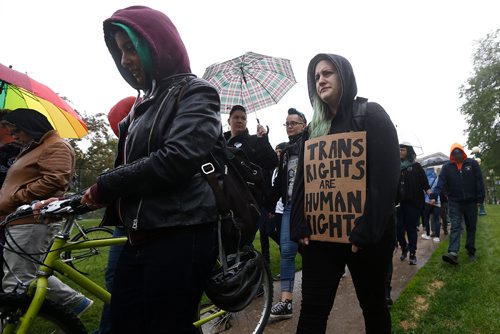 JOHN WOODS / WINNIPEG FREE PRESS
People march at a transgender rally and march at the Manitoba Legislature Saturday, June 2, 2018.