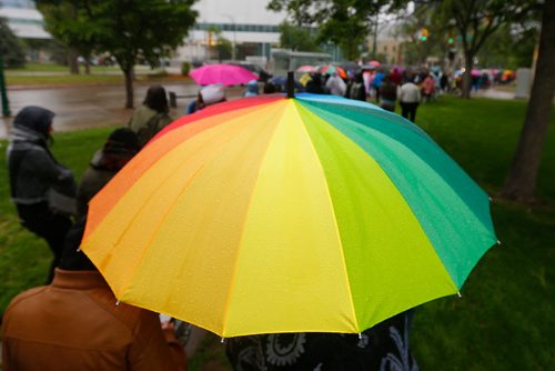JOHN WOODS / WINNIPEG FREE PRESS
Rain falls as people march at a transgender rally and march at the Manitoba Legislature Saturday, June 2, 2018.