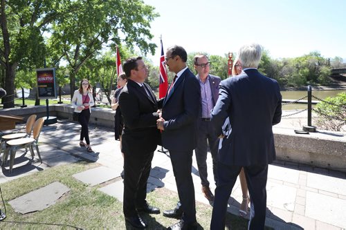 RUTH BONNEVILLE / WINNIPEG FREE PRESS


Infrastructure and Communities Minister Amarjeet Sohi chats with Municipal Relations Minister Jeff Wharton after press conference that was held at the Forks on Provincial and Federal Governments coming together to Invest in Infrastructure Programs Monday.   Also at presser was MP Jim Carr, MLA Rochelle Squires and AMM president, Chris Goertzen,

See story

June 4,  2018
