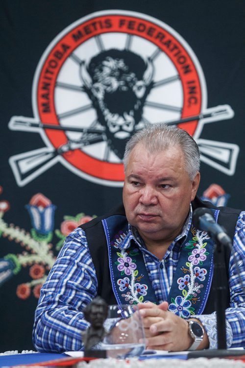 MIKE DEAL / WINNIPEG FREE PRESS
David Chartrand president of the Manitoba Metis Federation (MMF) during the announcement that the MMF has sued the provincial government over orders Premier Brian Pallister gave Manitoba Hydro to kill a land-entitlement deal..
180604 - Monday, June 04, 2018.
