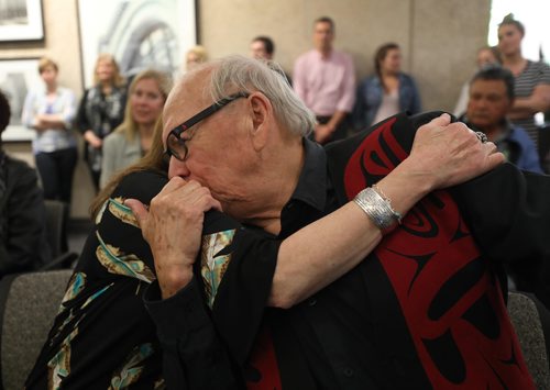 RUTH BONNEVILLE / WINNIPEG FREE PRESS


Unveiling of the Assiniboia Residential School display.

Assiniboia Residential School survivor, outspoken speaker and author of Broken Circle, The Dark Legacy of Indian Residential Schools, Theodore Fontaine, embraces his wife, Morgan, after speaking to group of City of Winnipeg workers on the Main floor of the Susan A Thompson Building across from City Hall Monday.

See Kevin Rollason's story.  

June 4,  2018
