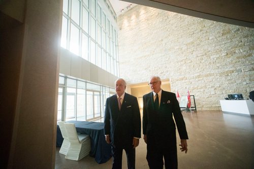 MIKAELA MACKENZIE / WINNIPEG FREE PRESS
Former Prime Minister Brian Mulroney (left) walks with former president and CEO of the museum Stuart Murray before a gala celebrating the opening of the Mandela exhibition at the Canadian Museum for Human Rights in Winnipeg on Monday, June 4, 2018. 
Mikaela MacKenzie / Winnipeg Free Press 2018.